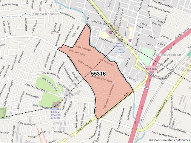 Mapa del código postal 55316, Ecatepec de Morelos, México