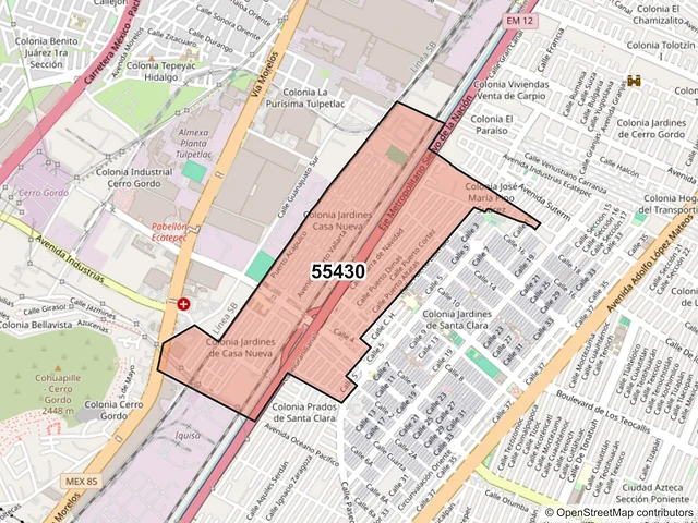 Mapa del código postal 55430, Ecatepec de Morelos, México