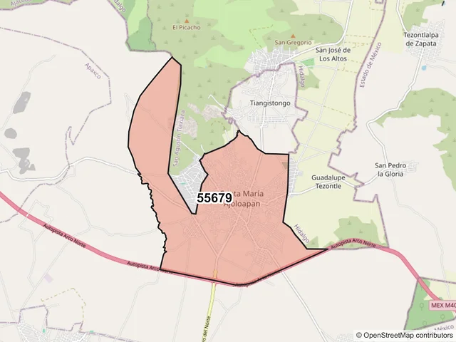 Mapa del código postal 55679, Hueypoxtla, México