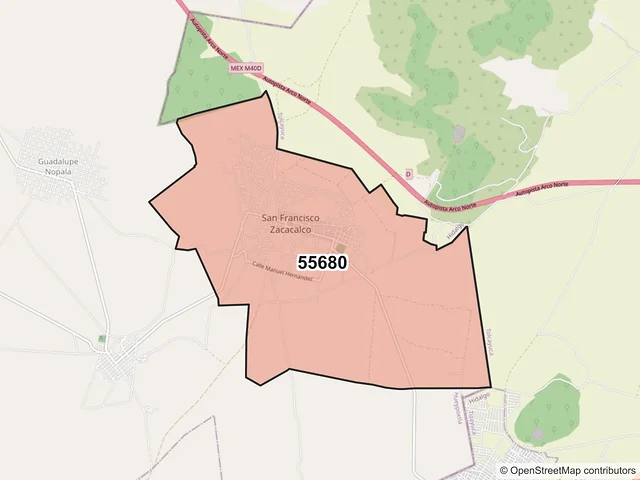 Mapa del código postal 55680, Hueypoxtla, México