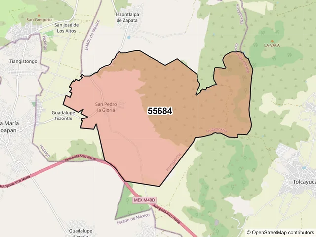 Mapa del código postal 55684, Hueypoxtla, México