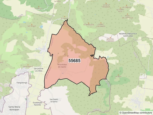 Mapa del código postal 55685, Hueypoxtla, México