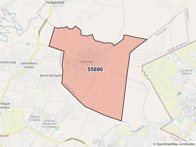 Mapa del código postal 55690, Hueypoxtla, México