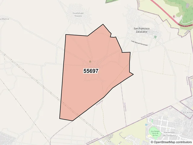 Mapa del código postal 55697, Hueypoxtla, México