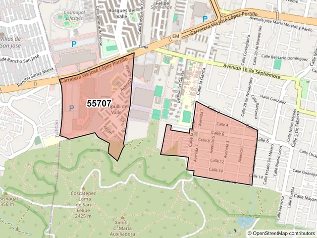 Mapa del código postal 55707, Coacalco de Berriozábal, México