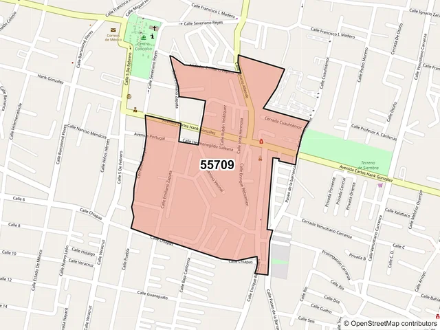 Mapa del código postal 55709, Coacalco de Berriozábal, México