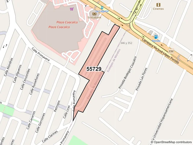 Mapa del código postal 55729, Coacalco de Berriozábal, México