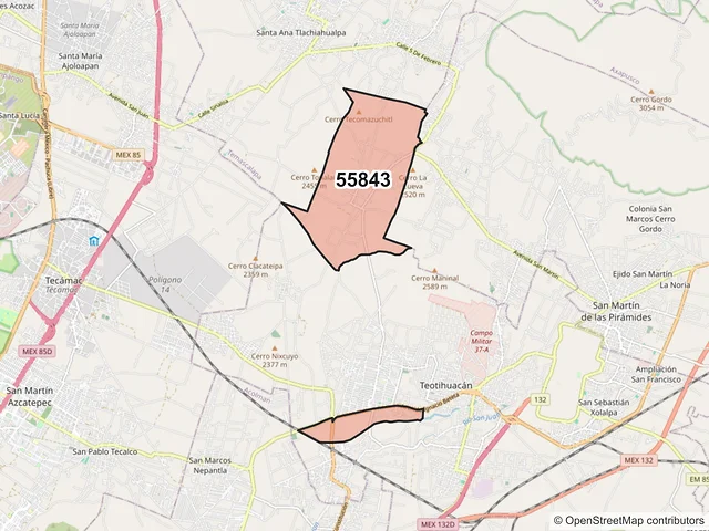 Mapa del código postal 55843, Teotihuacán, México