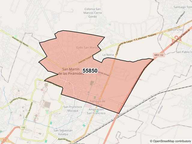 Mapa del código postal 55850, San Martín de las Pirámides, México