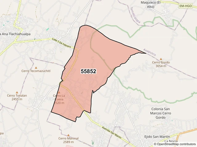 Mapa del código postal 55852, San Martín de las Pirámides, México