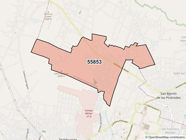 Mapa del código postal 55853, San Martín de las Pirámides, México