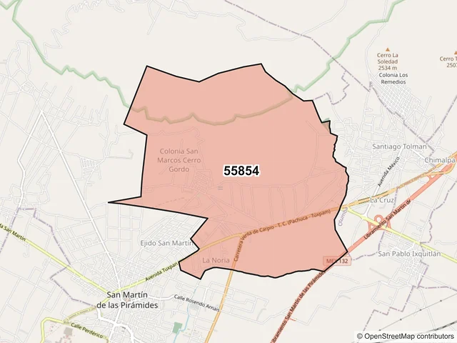 Mapa del código postal 55854, San Martín de las Pirámides, México