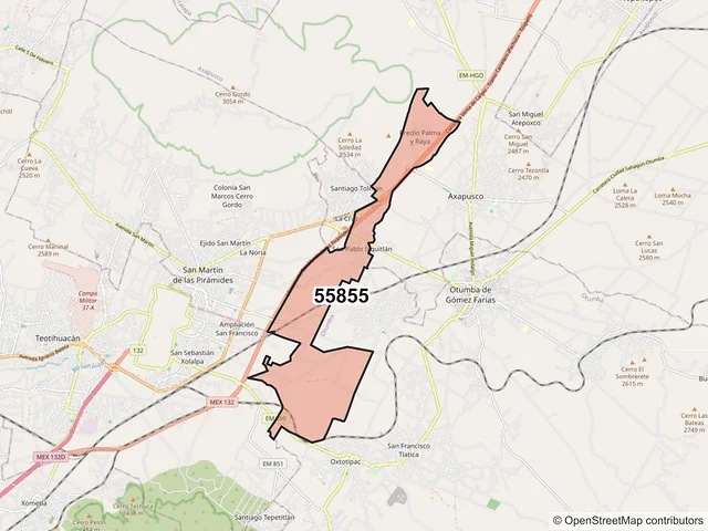Mapa del código postal 55855, San Martín de las Pirámides, México