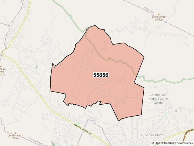 Mapa del código postal 55856, San Martín de las Pirámides, México