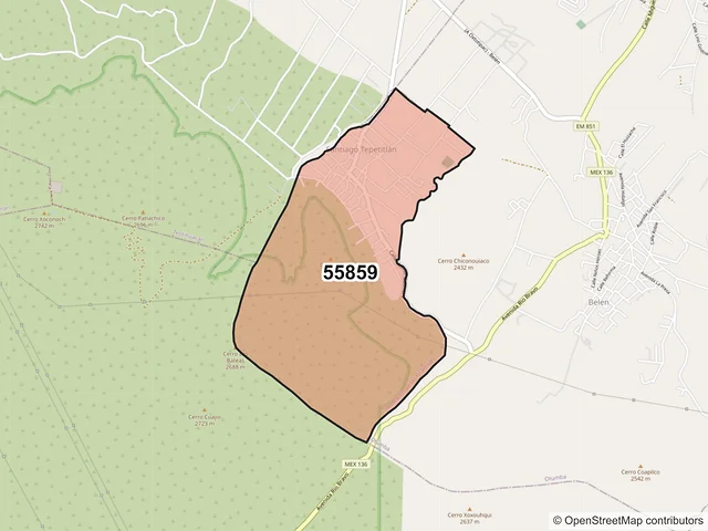 Mapa del código postal 55859, San Martín de las Pirámides, México
