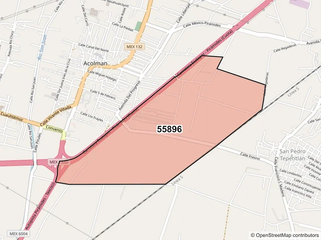 Mapa del código postal 55896, Acolman, México