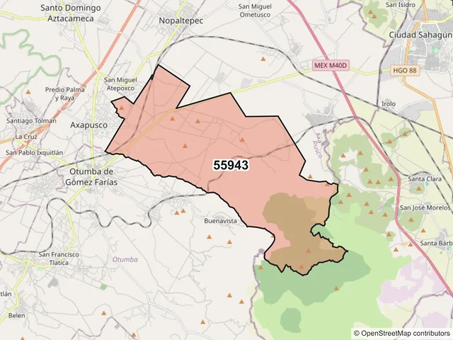 Mapa del código postal 55943, Axapusco, México