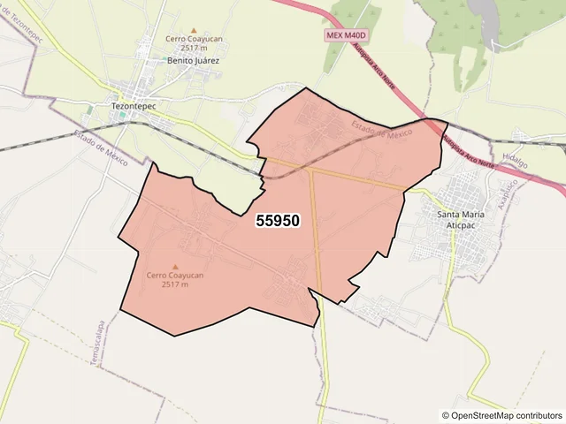 Mapa del código postal 55950, Axapusco, México