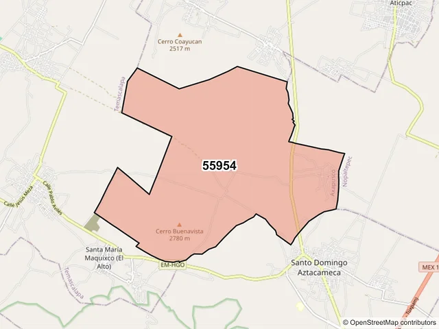 Mapa del código postal 55954, Axapusco, México