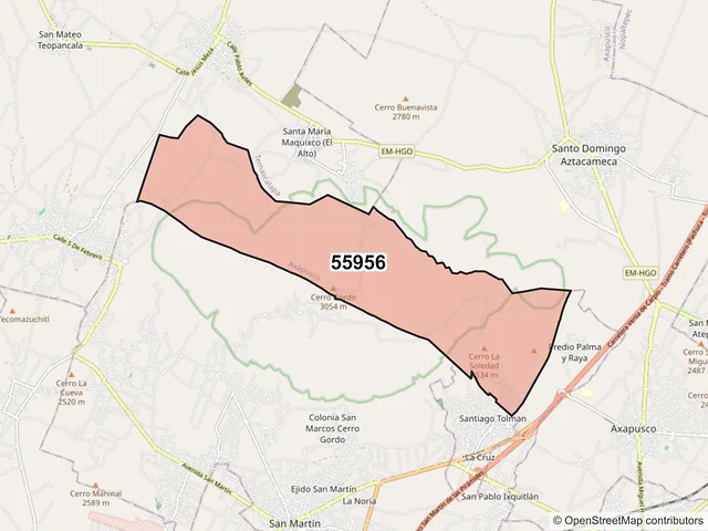 Mapa del código postal 55956, Axapusco, México