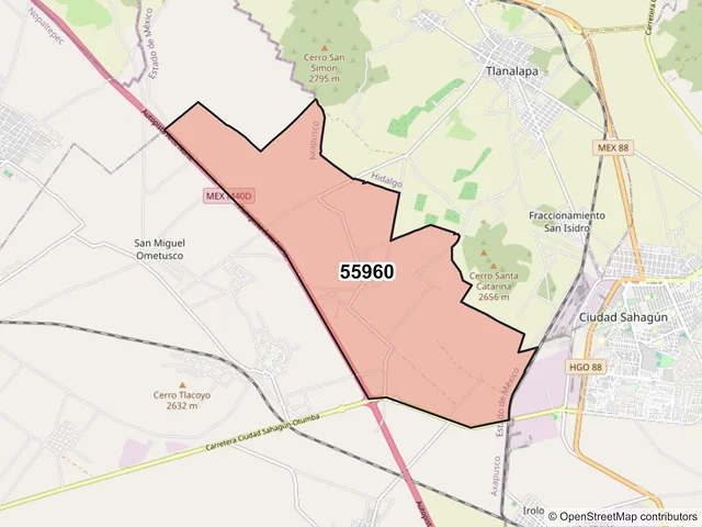 Mapa del código postal 55960, Axapusco, México