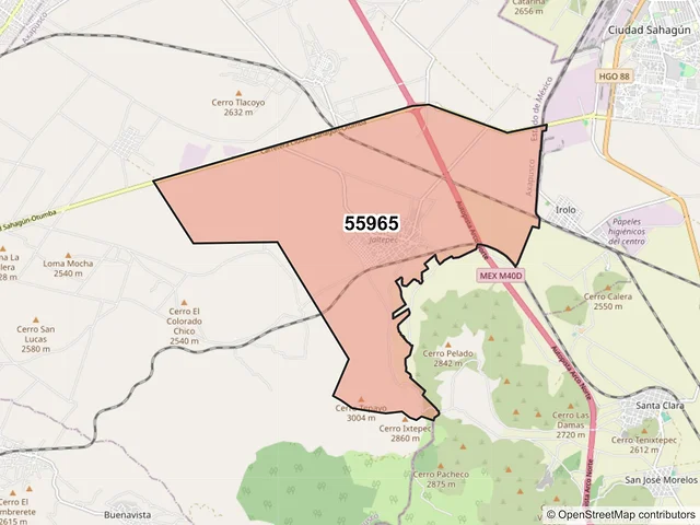 Mapa del código postal 55965, Axapusco, México