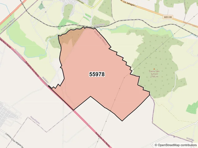 Mapa del código postal 55978, Nopaltepec, México
