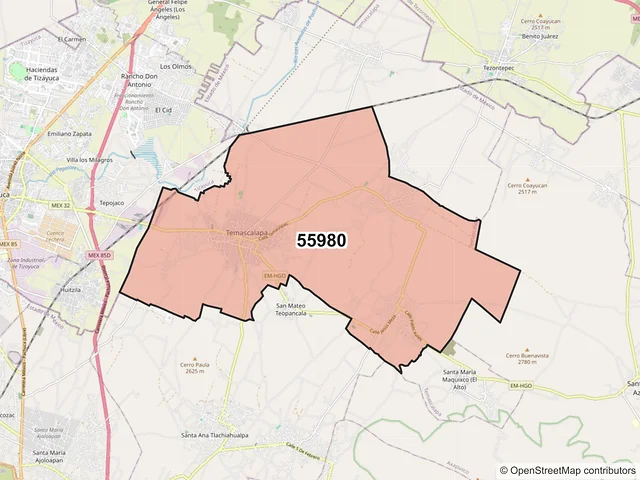 Mapa del código postal 55980, Temascalapa, México