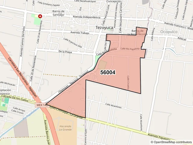 Mapa del código postal 56004, Tezoyuca, México