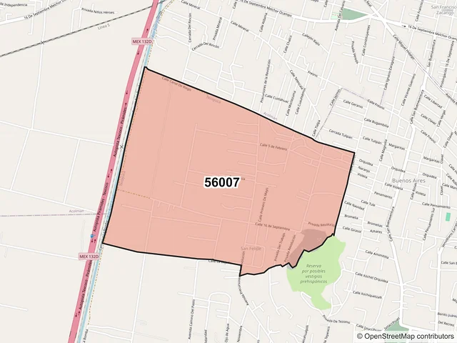 Mapa del código postal 56007, Tezoyuca, México