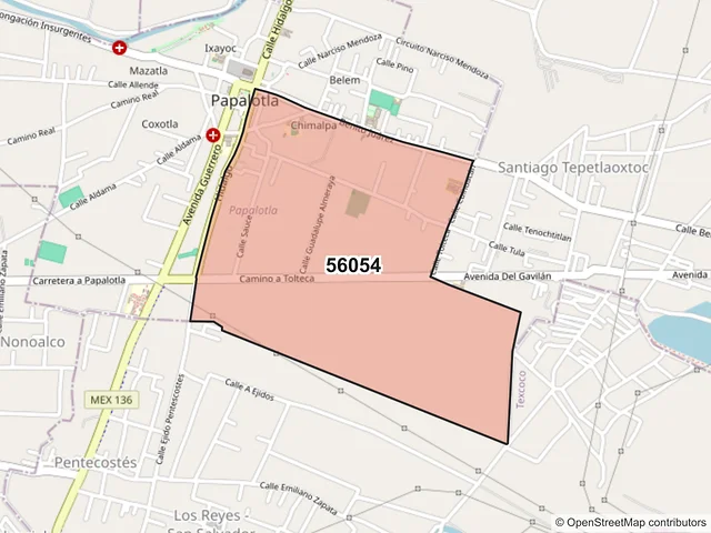 Mapa del código postal 56054, Papalotla, México