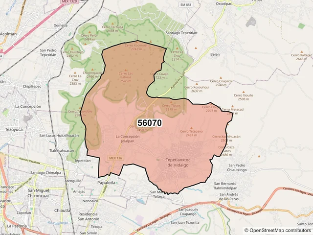 Mapa del código postal 56070, Tepetlaoxtoc, México