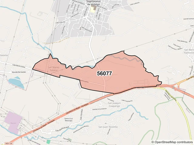 Mapa del código postal 56077, Tepetlaoxtoc, México