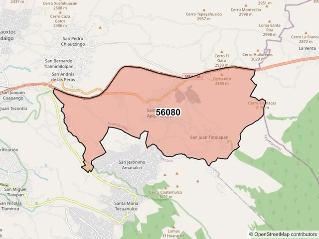 Mapa del código postal 56080, Tepetlaoxtoc, México