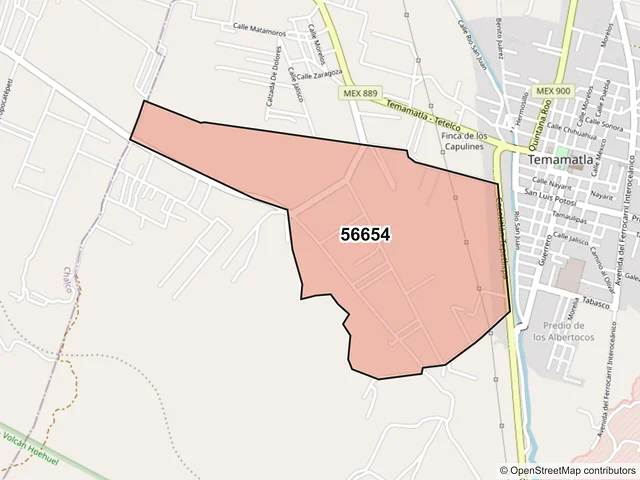 Mapa del código postal 56654, Temamatla, México