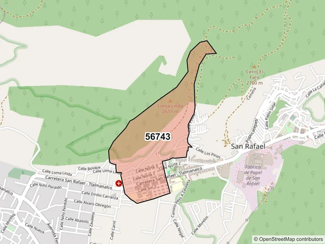 Mapa del código postal 56743, Tlalmanalco, México