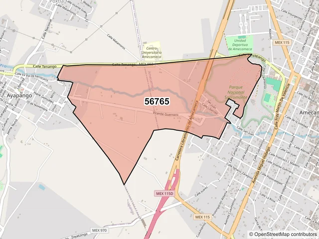 Mapa del código postal 56765, Ayapango, México