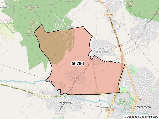 Mapa del código postal 56766, Ayapango, México