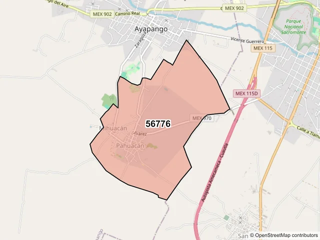 Mapa del código postal 56776, Ayapango, México