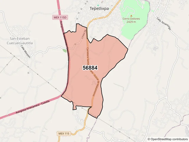 Mapa del código postal 56884, Tepetlixpa, México
