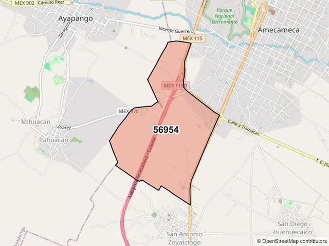 Mapa del código postal 56954, Amecameca, México