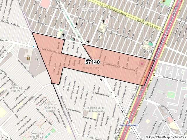 Mapa del código postal 57140, Nezahualcóyotl, México