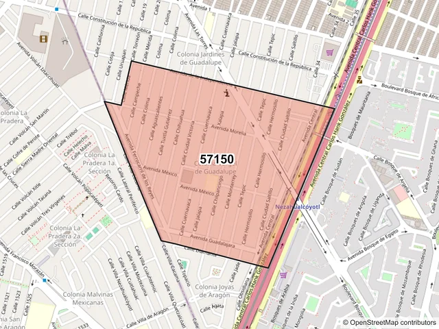 Mapa del código postal 57150, Nezahualcóyotl, México