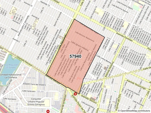 Mapa del código postal 57940, Nezahualcóyotl, México