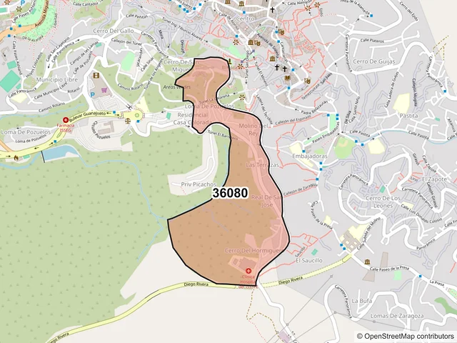 Mapa del código postal 36080, Guanajuato, Guanajuato