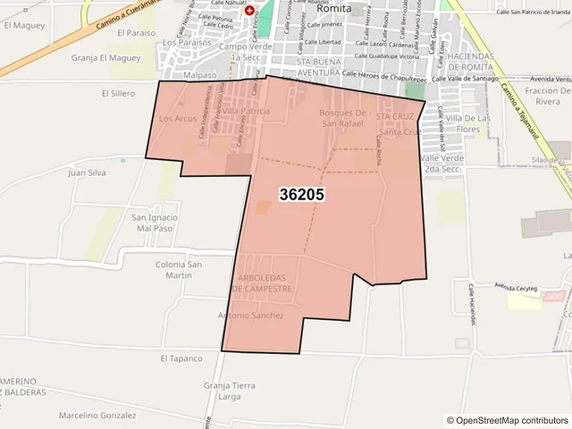 Mapa del código postal 36205, Romita, Guanajuato