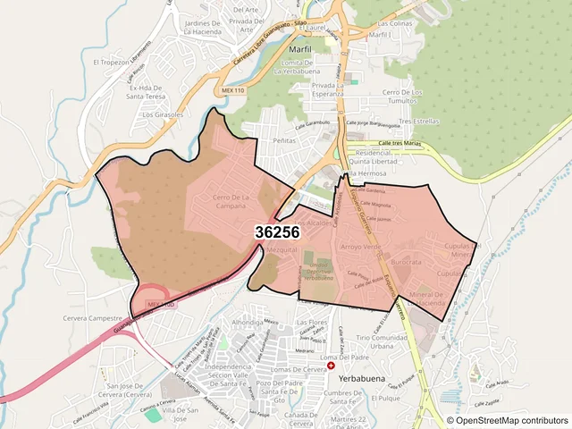 Mapa del código postal 36256, Guanajuato, Guanajuato