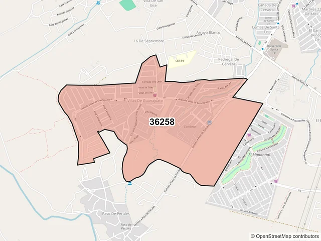 Mapa del código postal 36258, Guanajuato, Guanajuato