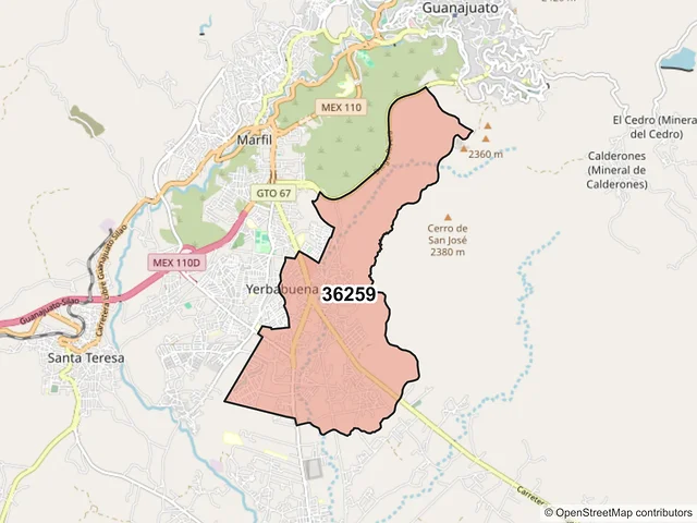 Mapa del código postal 36259, Guanajuato, Guanajuato