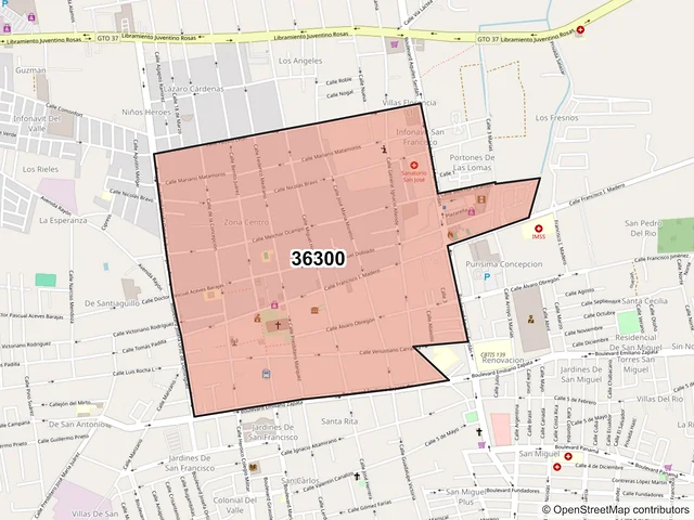 Mapa del código postal 36300, San Francisco del Rincón, Guanajuato